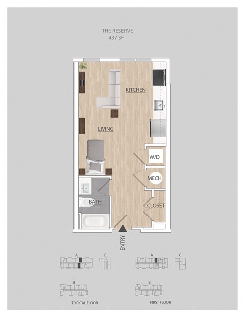 Floor plan for studio, 1 bath, 559 sqft